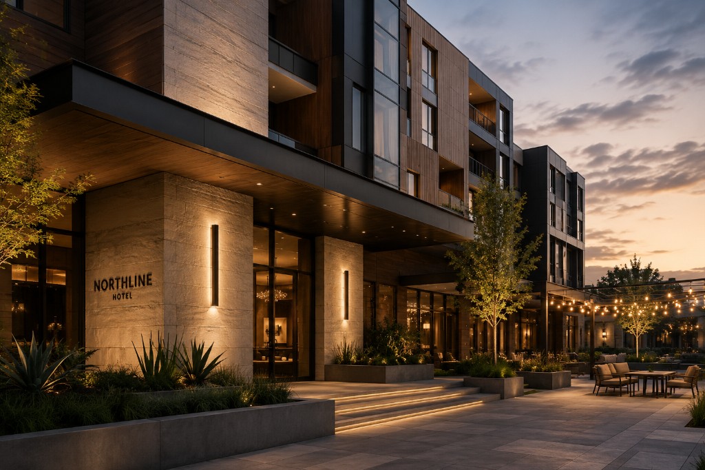 Contemporary mixed-use building with coordinated exterior cladding and warm architectural detailing.