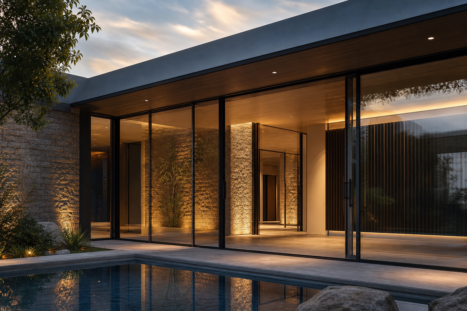 Luxury building exterior with black-framed glazing and oversized sliding patio doors at dusk.