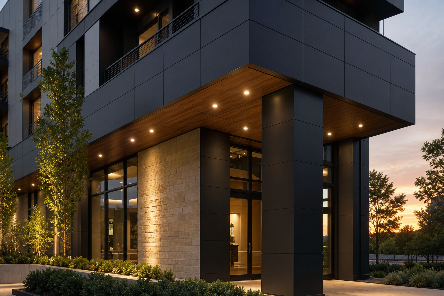 Modern multifamily facade with matte black architectural panel cladding and warm soffit lighting at dusk.