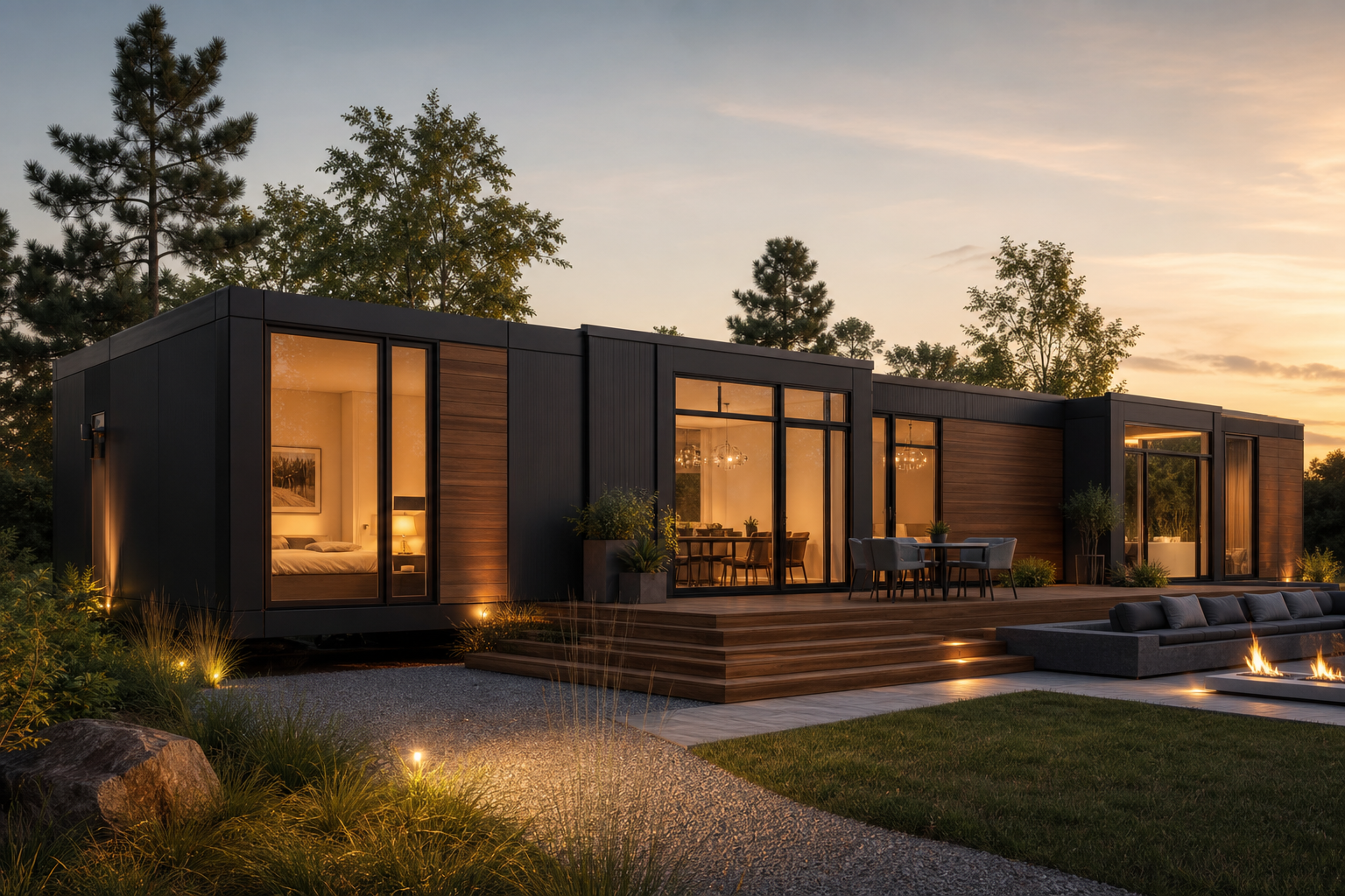 Premium modern prefab home exterior with modular construction, black-frame glazing, warm cladding, and ADU-scale architectural detailing at dusk.