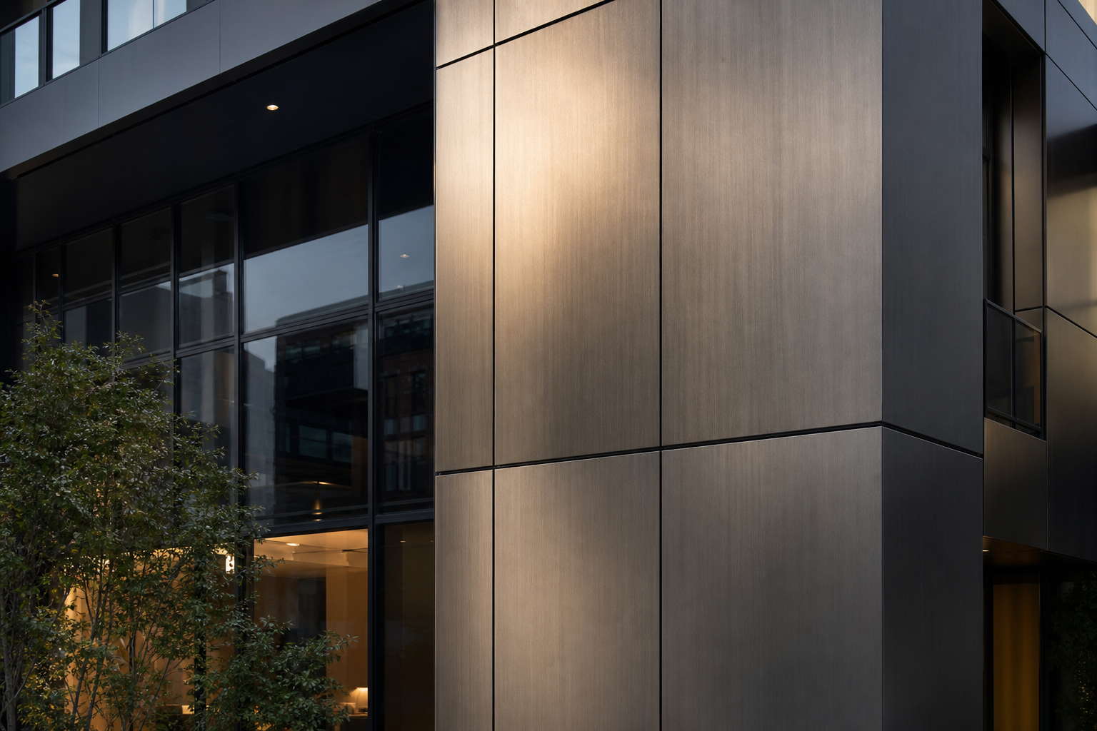 Brushed metallic architectural panels on a premium urban commercial building facade.