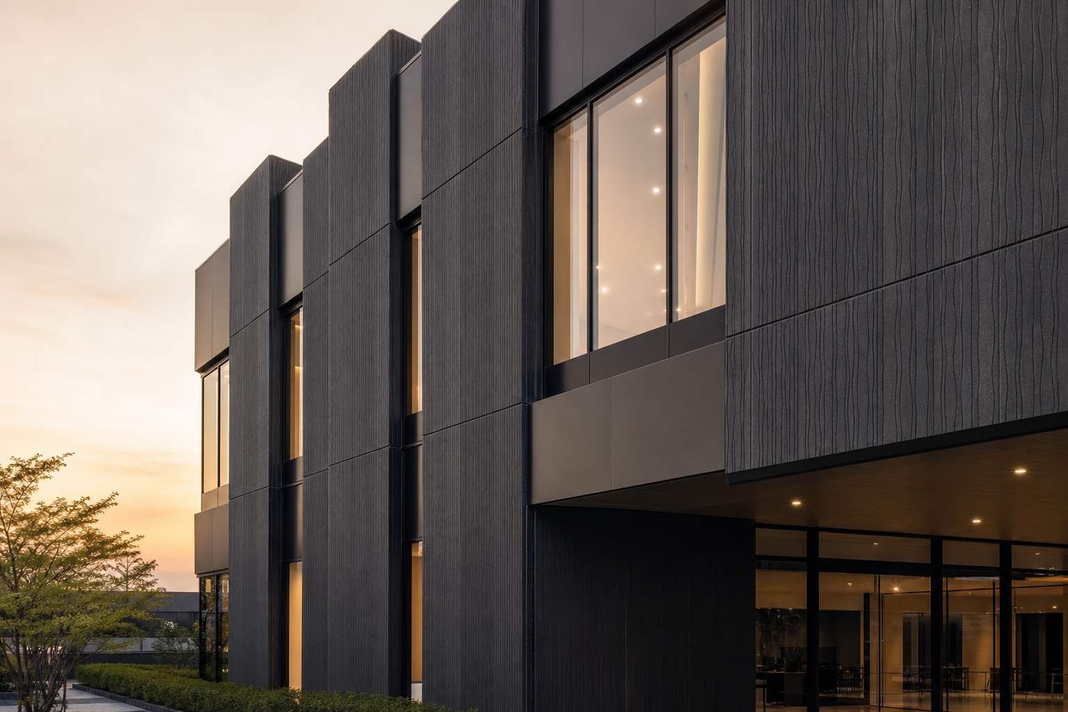 Charcoal textured architectural cladding panels on a modern commercial building at dusk.