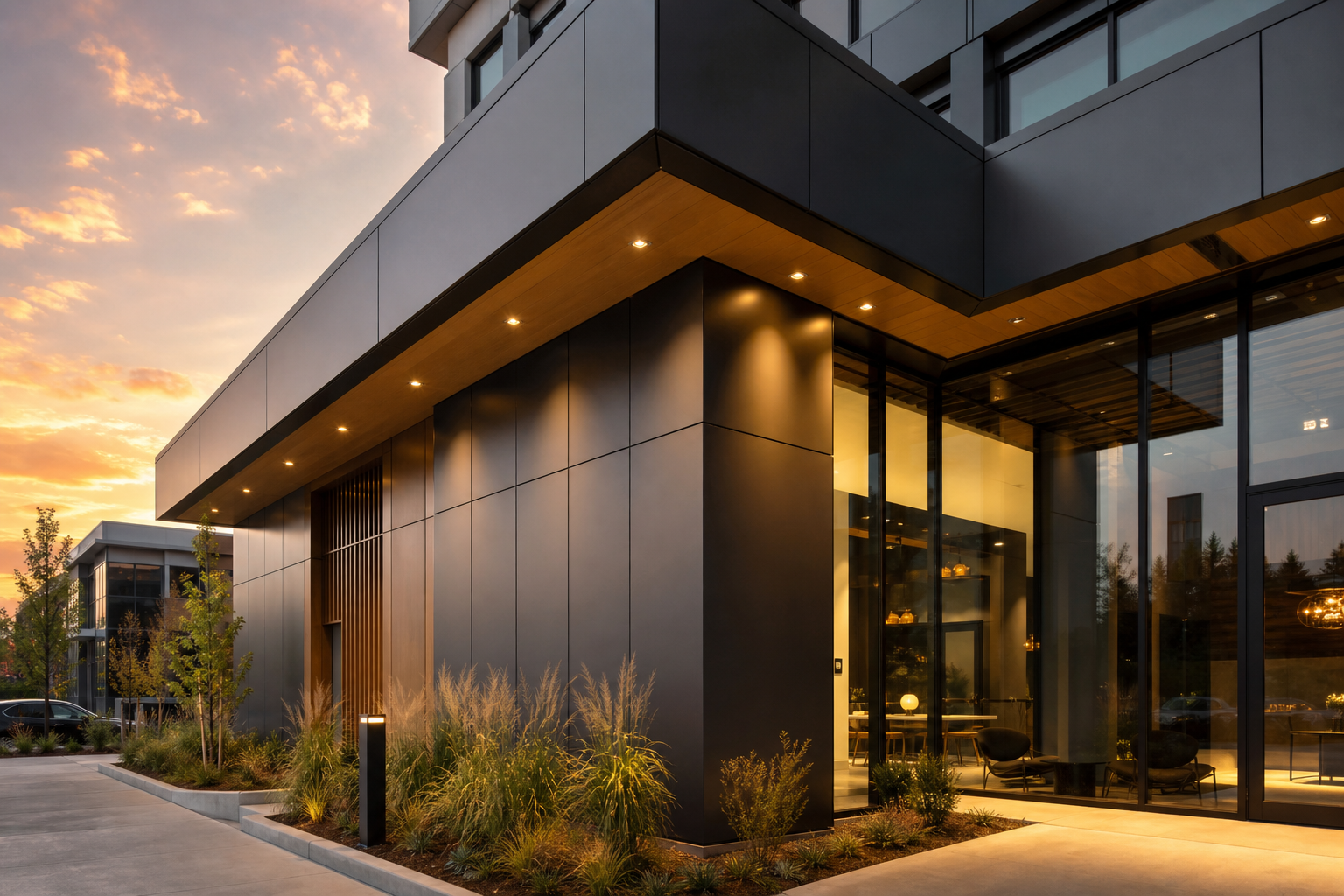 Modern building exterior with matte black aluminum architectural panels and warm soffit lighting.