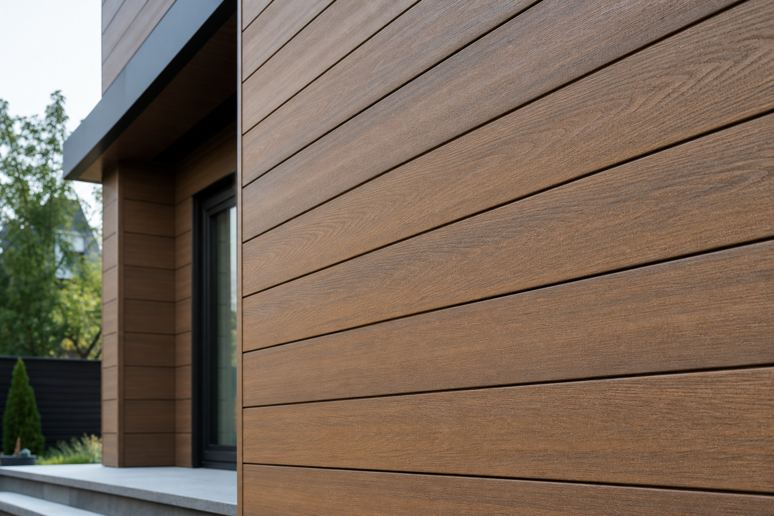 Close-up of warm woodgrain composite architectural panel cladding on a contemporary facade.