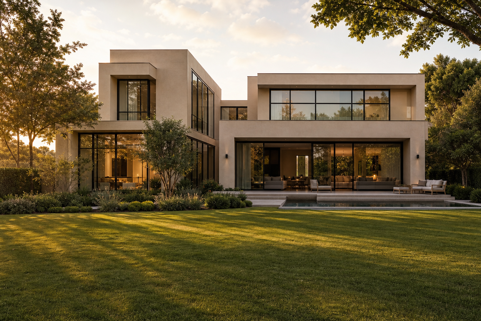 Modern luxury home exterior with black-framed architectural windows.
