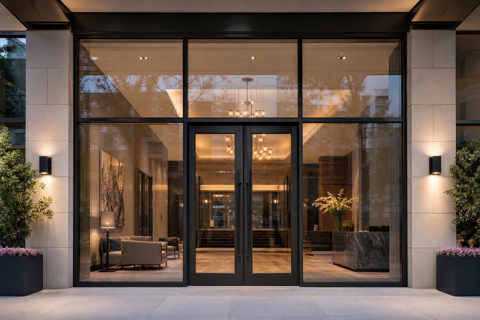 Commercial building with premium glass entry doors and storefront glazing.