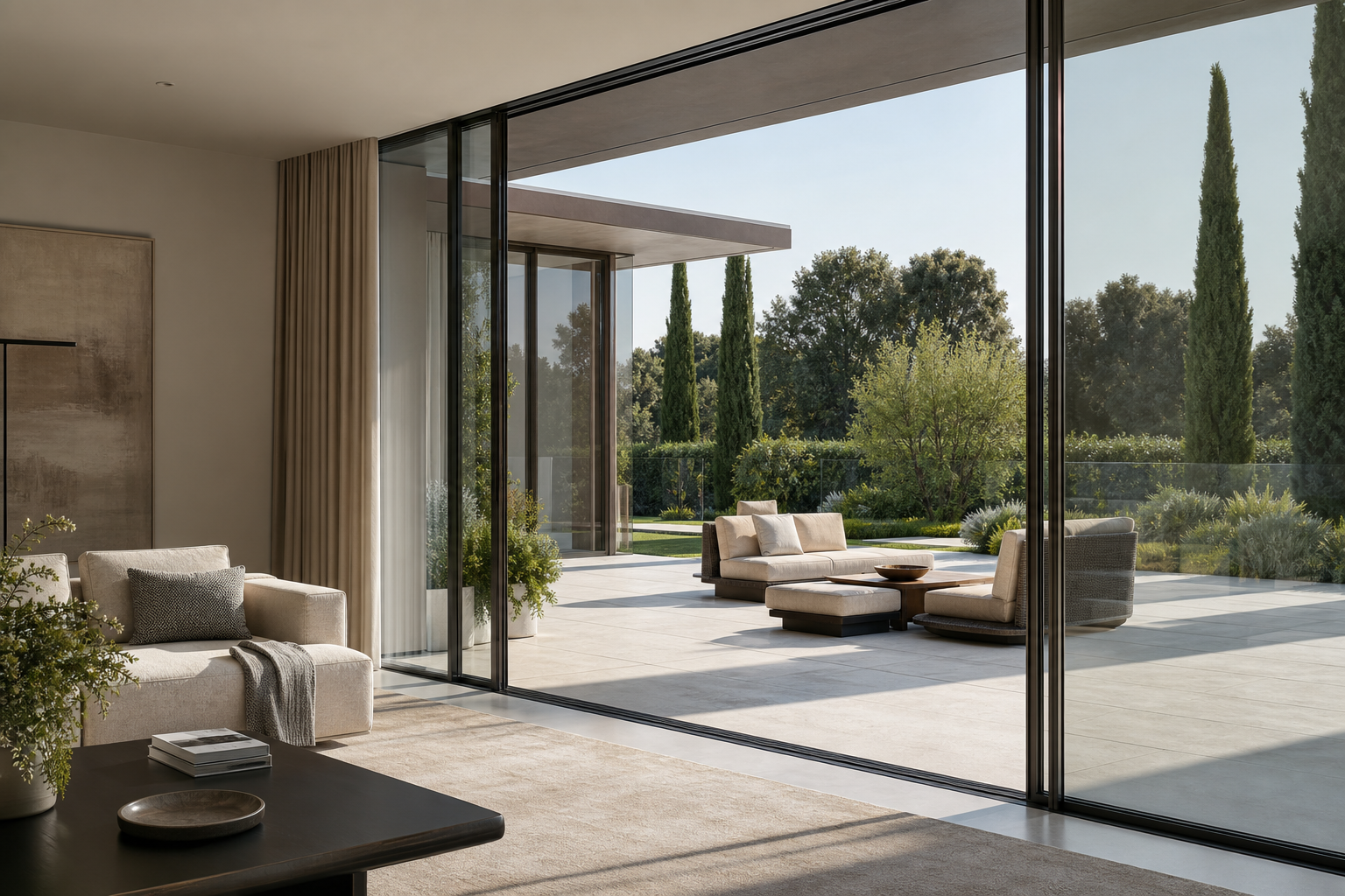 Large glass sliding patio doors opening to a modern outdoor living space.