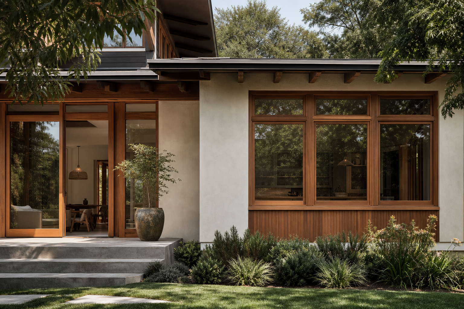 Warm wood-clad window systems on a contemporary residential facade.