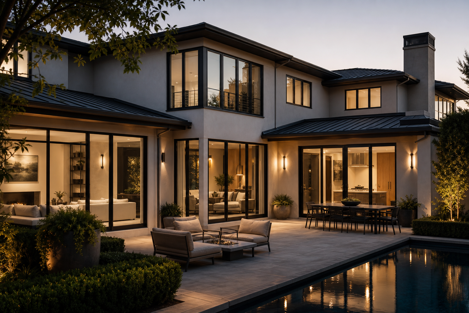 Modern home exterior with black-framed windows, patio doors, and premium architectural glazing.