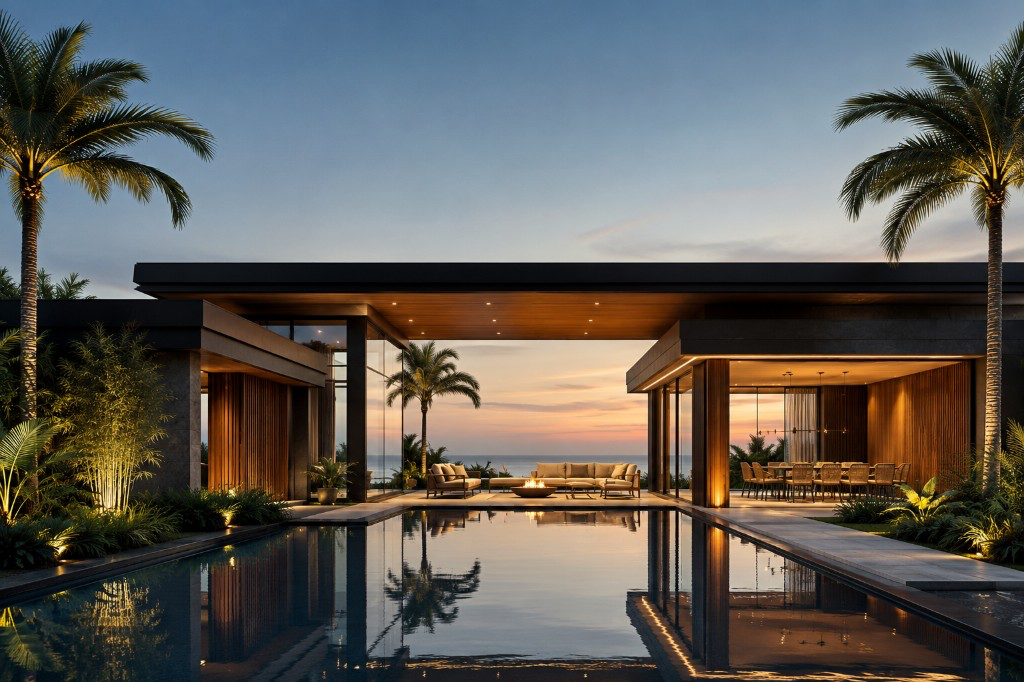 Luxury modern home with warm architectural lighting and a pool at dusk