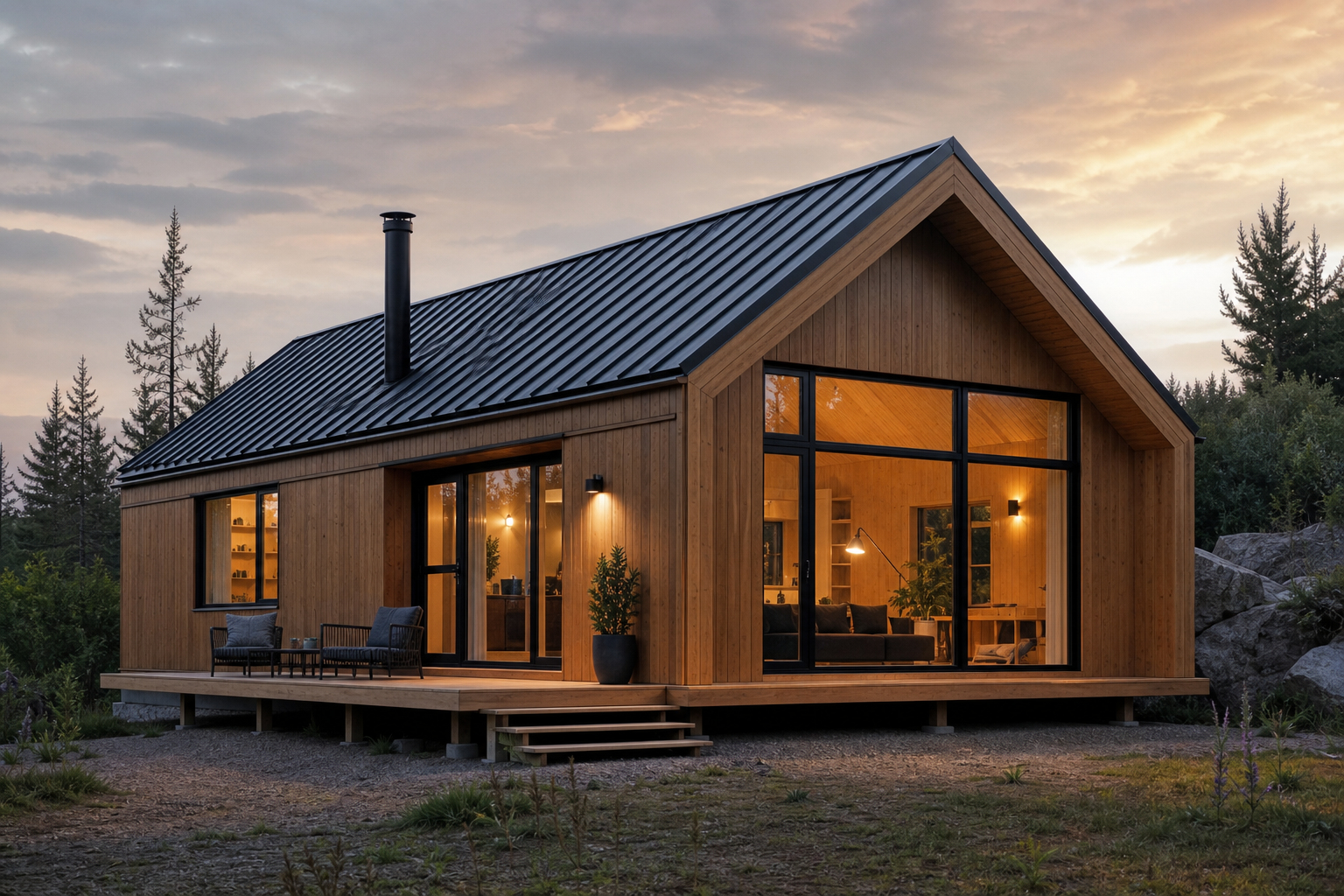 Classic A pre-engineered prefab home with gabled roof, wood siding, and black-framed windows at dusk.
