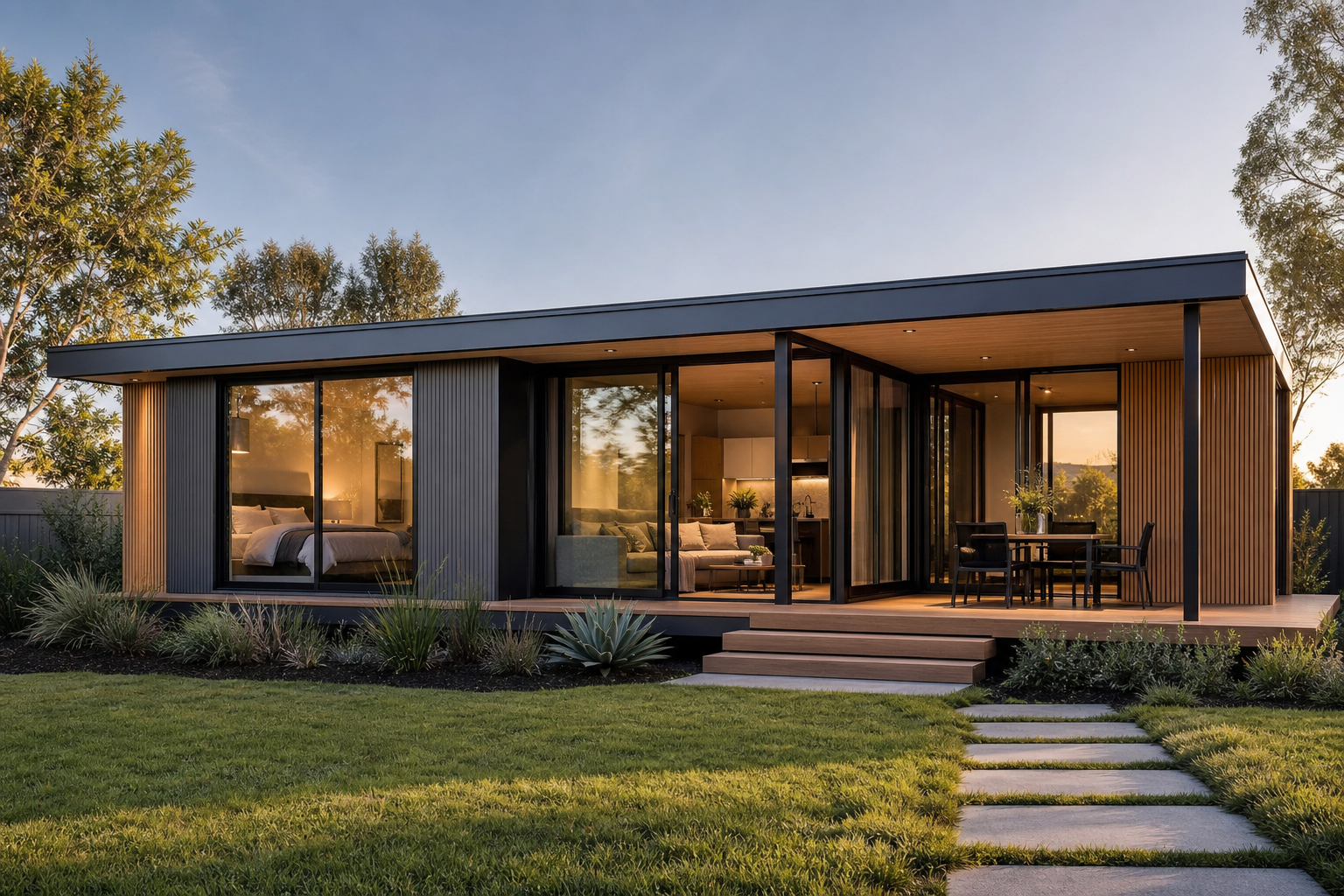 Classic B modular prefab residence with large glass walls, patio deck, and connected living volumes.