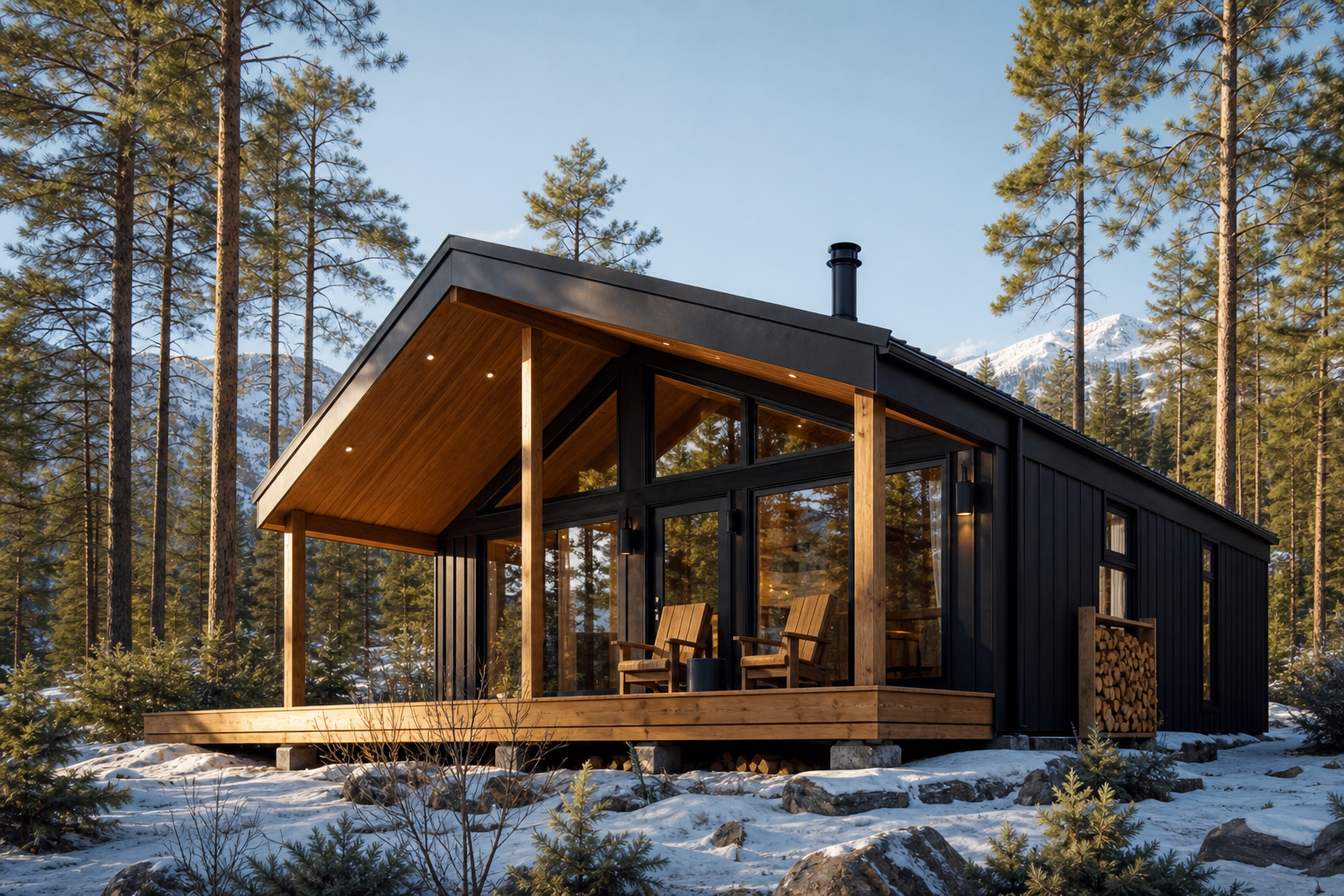 Western Canada-style prefab cabin module with wood cladding and forest setting.