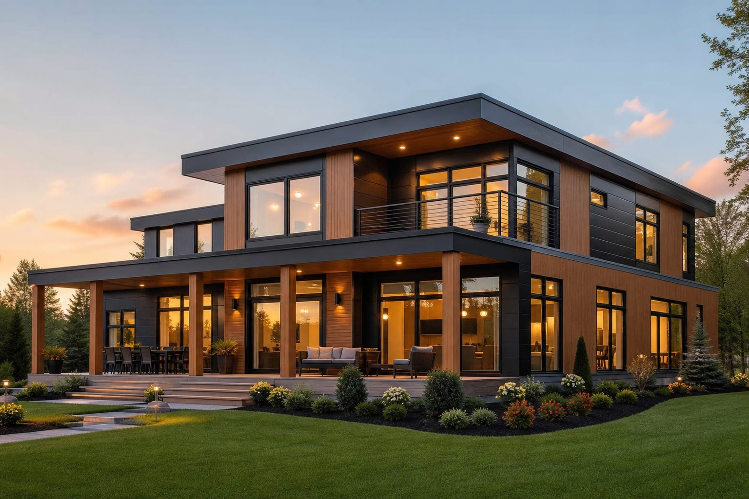 Two-story pre-engineered modular home with expansive glazing and covered entry.