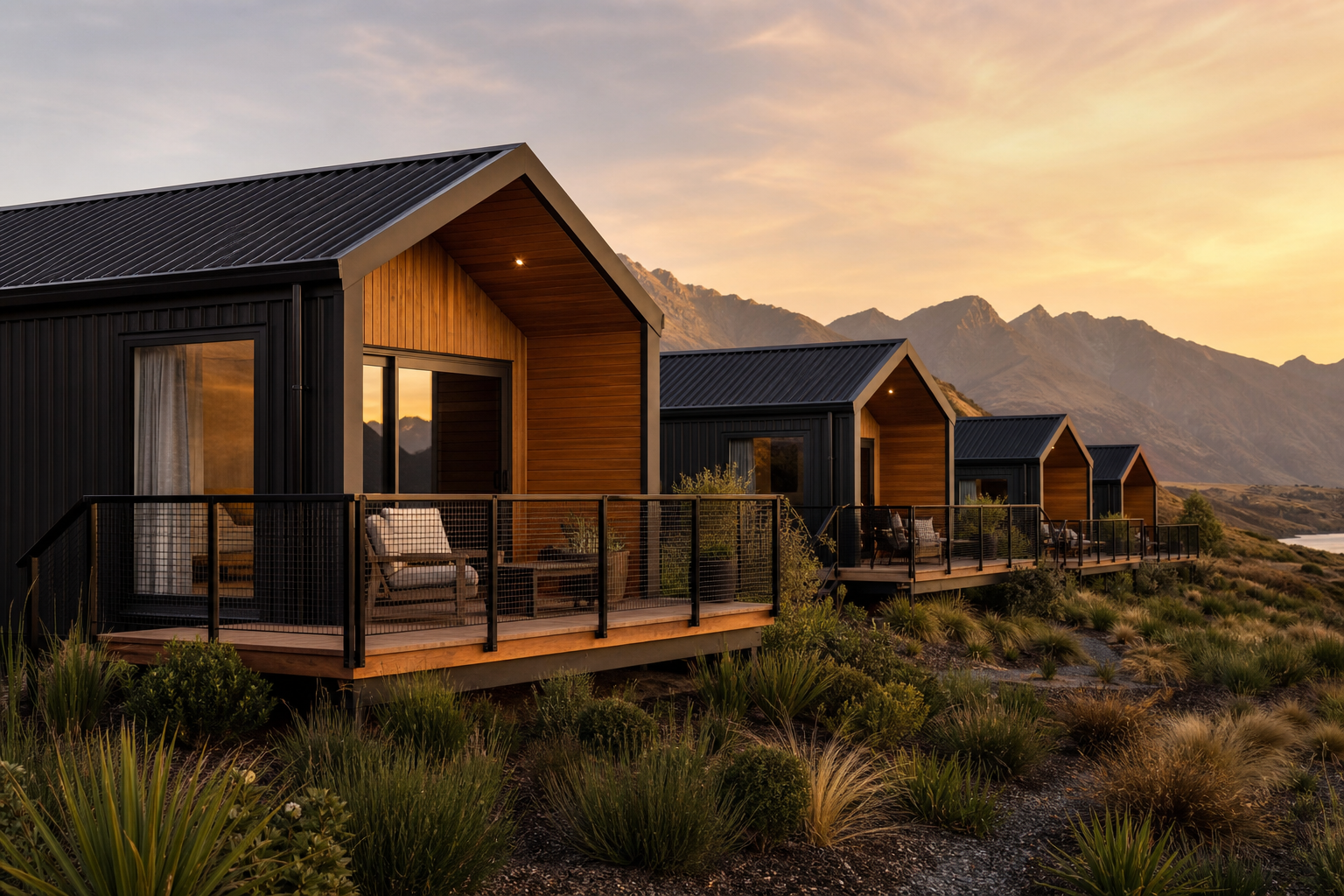 Resort-style prefab lodge units with decks and warm exterior materials.