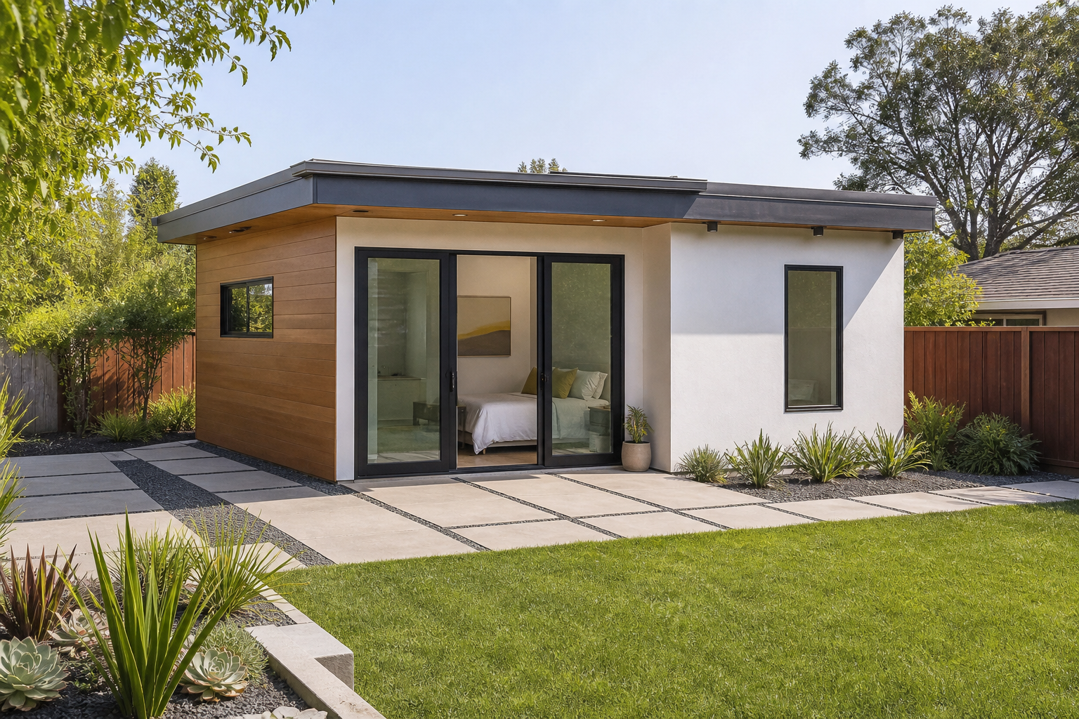 Modern accessory dwelling unit prefab module installed in a residential backyard.