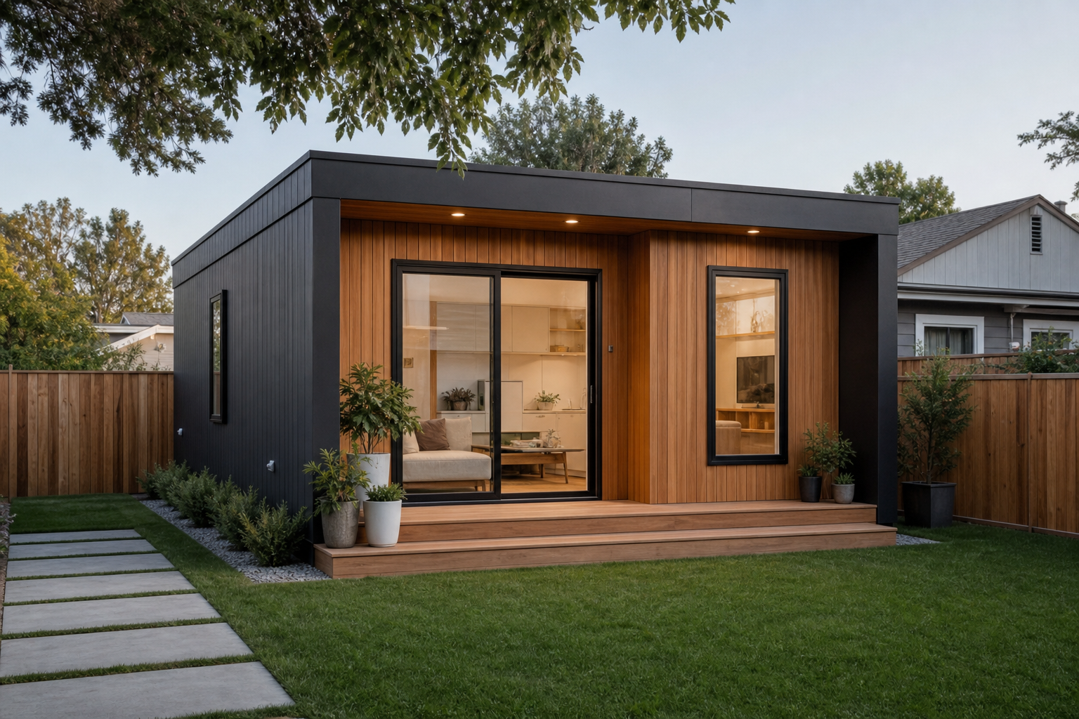 Lite prefab ADU with compact flat-roof form, wood and charcoal cladding in a backyard infill setting.