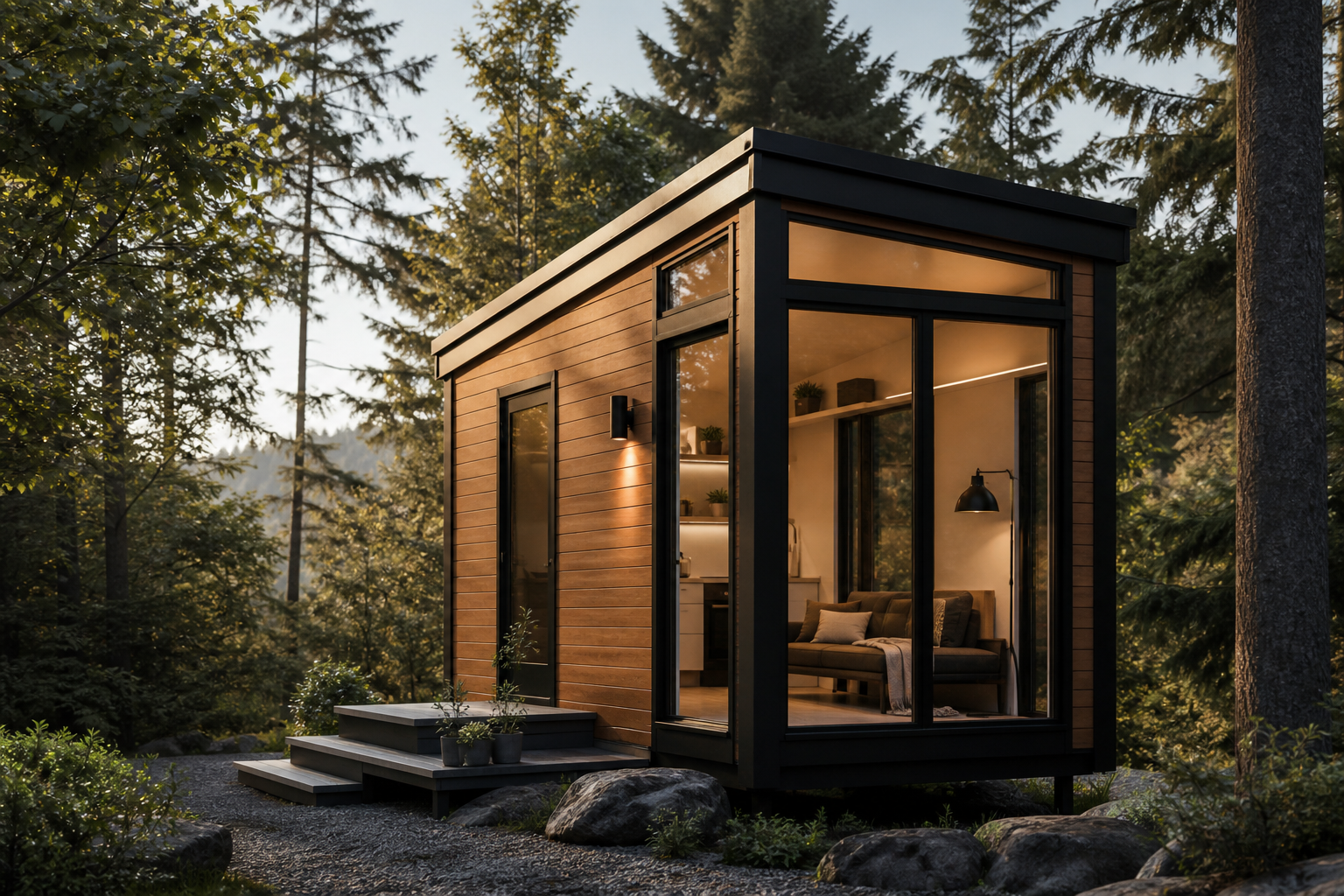 Mini prefab micro-home cabin with tall glazing and minimal footprint at a wooded site.