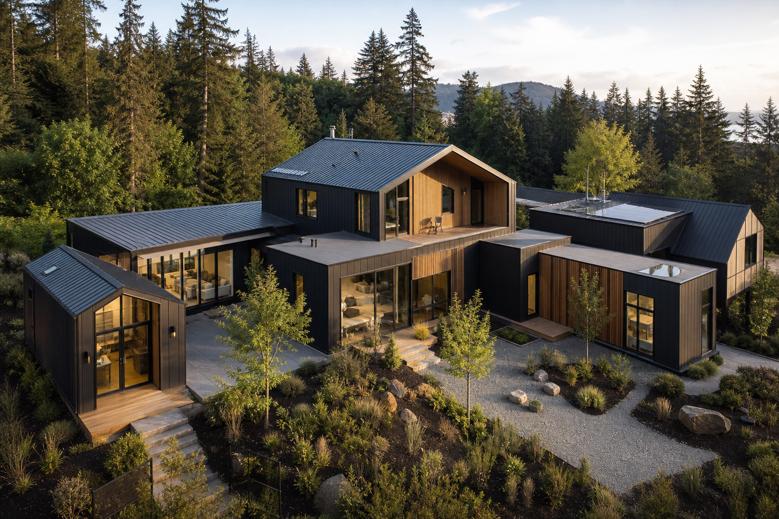 Mix modular housing layout with multiple connected prefab volumes on a coordinated development site.